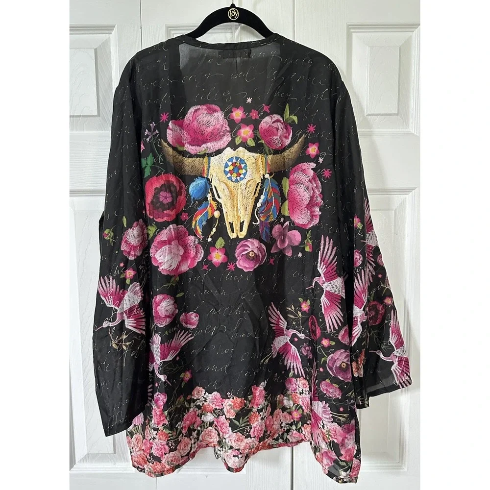 JOHNNY WAS Longhorn Skull 100% SILK SEMI SHEER Kimono Sz XL Birds Floral